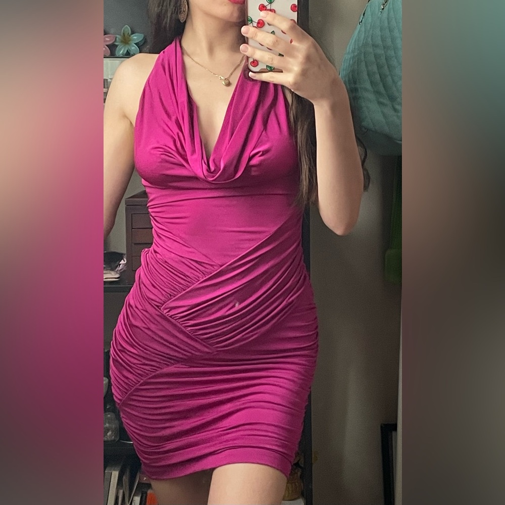 Pink Mini Bodycon Halter, Backless Dress